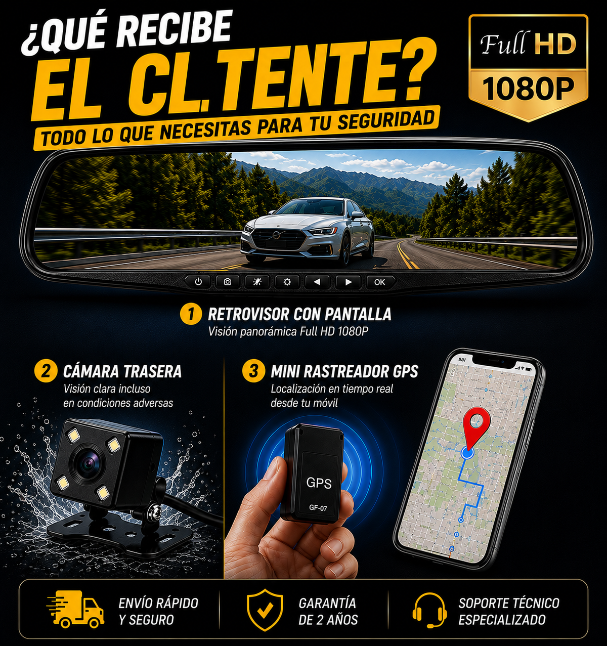 Cámara Retrovisor Full HD 1080p + Mini Rastreador GPS para Coche