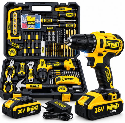 Taladro Percutor Inalámbrico 36V con 128 Piezas y 2 Baterías – Kit Completo con Maletín 🔧⚡