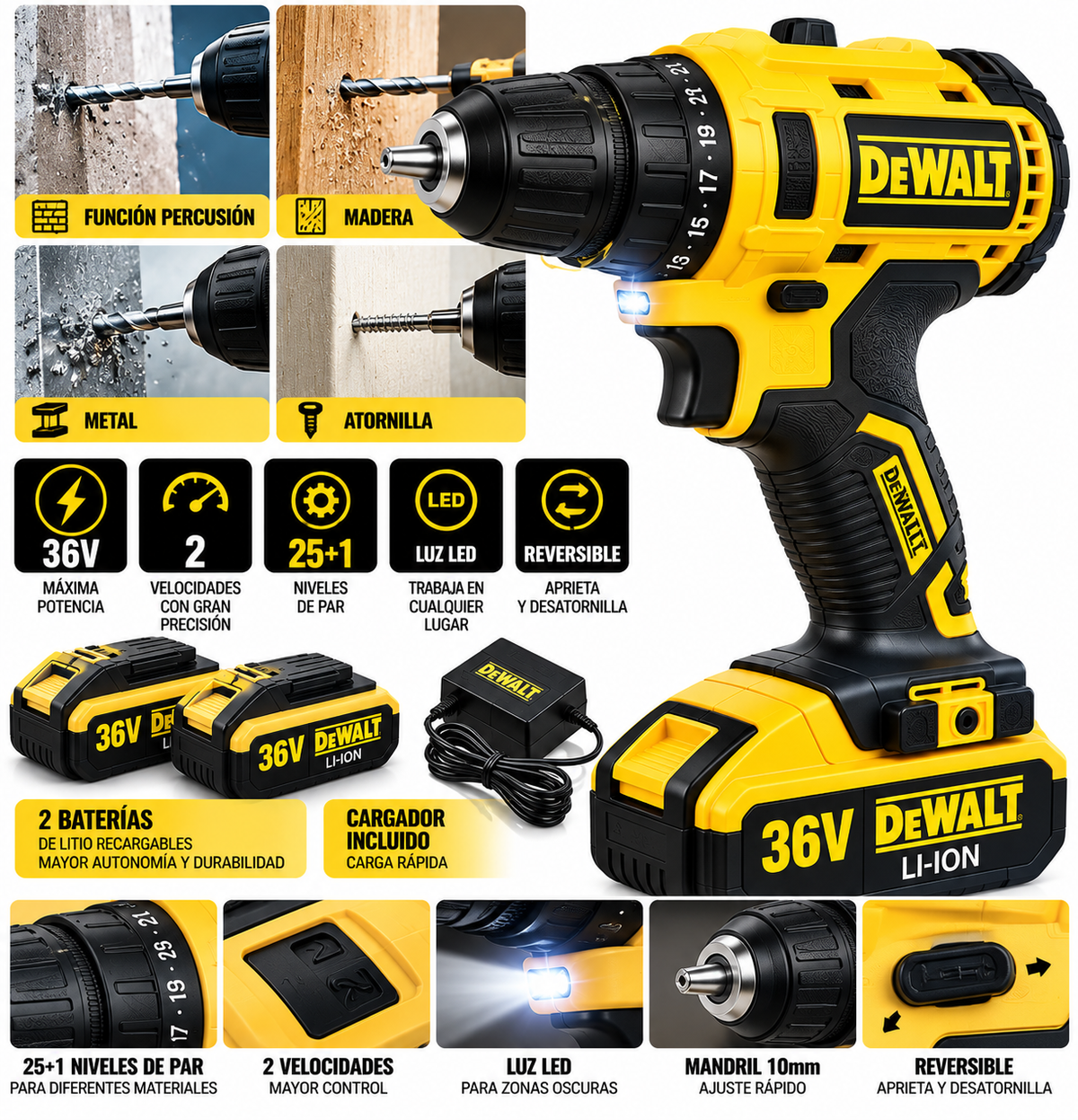 Taladro Percutor Inalámbrico 36V con 128 Piezas y 2 Baterías – Kit Completo con Maletín 🔧⚡