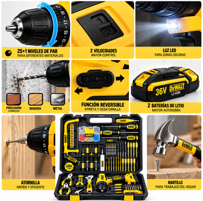 Taladro Percutor Inalámbrico 36V con 128 Piezas y 2 Baterías – Kit Completo con Maletín 🔧⚡