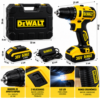 Taladro Percutor Inalámbrico 36V con 128 Piezas y 2 Baterías – Kit Completo con Maletín 🔧⚡