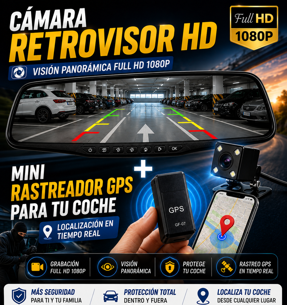 Cámara Retrovisor Full HD 1080p + Mini Rastreador GPS para Coche