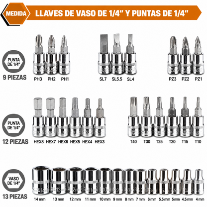 Juego de Llaves de Vaso con Carraca – 46 Piezas