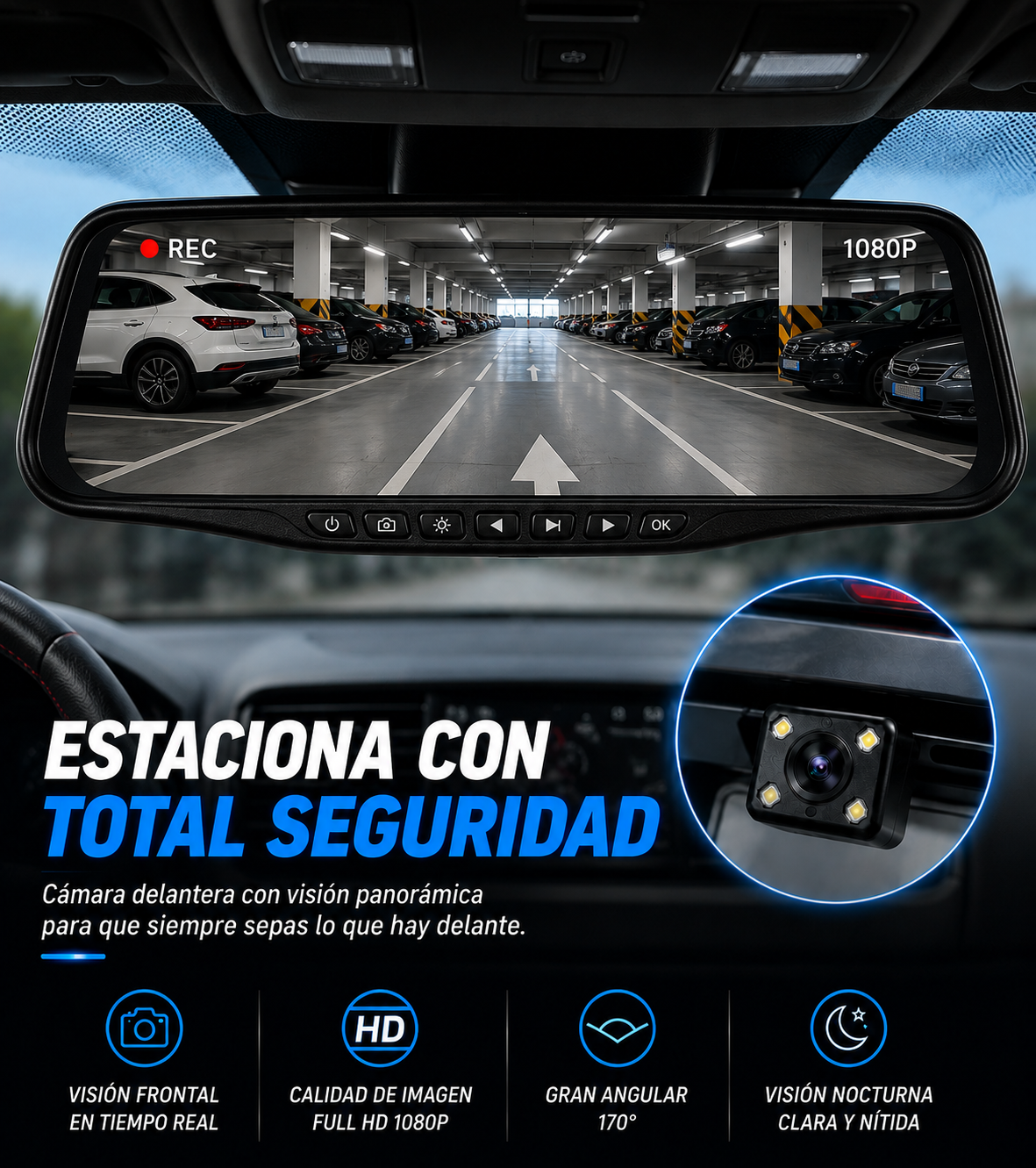 Cámara Retrovisor Full HD 1080p + Mini Rastreador GPS para Coche