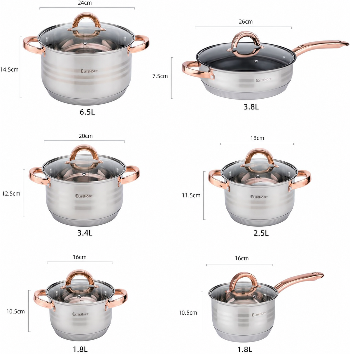 Batería de Cocina 12 Piezas, Juego de ollas en Acero Inoxidable con Tapas Apta para Todo Tipo de Cocinas Incluyendo Inducción